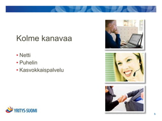 Kolme kanavaa
• Netti
• Puhelin
• Kasvokkaispalvelu




                      3.
 