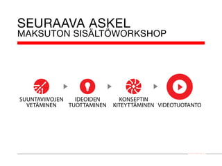 SEURAAVA ASKEL
MAKSUTON SISÄLTÖWORKSHOP




SUUNTAVIIVOJEN   IDEOIDEN      KONSEPTIN
  VETÄMINEN    TUOTTAMINEN   KITEYTTÄMINEN VIDEOTUOTANTO




                                                    Smile Audiovisual Oy
 
