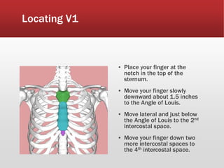 Locating V1
▪ Place your finger at the
notch in the top of the
sternum.
▪ Move your finger slowly
downward about 1.5 inches
to the Angle of Louis.
▪ Move lateral and just below
the Angle of Louis to the 2nd
intercostal space.
▪ Move your finger down two
more intercostal spaces to
the 4th intercostal space.
 