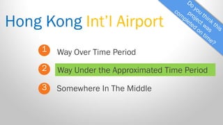Hong Kong Int’l Airport 
1 
2 
3 
Way Over Time Period 
Somewhere In The Middle 
Way Under the Approximated Time Period  