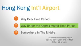 Hong Kong Int’l Airport 
1 
2 
3 
Way Over Time Period 
Somewhere In The Middle 
Way Under the Approximated Time Period 
The construction of this project actually took 6 years and cost $20 Billion US to build.  