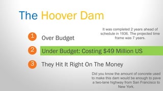 The Hoover Dam 
1 
2 
3 
Over Budget 
They Hit It Right On The Money 
Under Budget: Costing $49 Million US 
It was completed 2 years ahead of schedule in 1936. The projected time frame was 7 years. 
Did you know the amount of concrete used to make this dam would be enough to pave a two-lane highway from San Francisco to New York.  