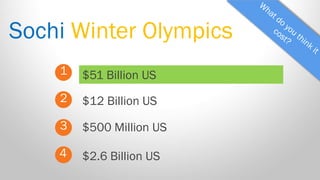 Sochi Winter Olympics 
1 
2 
3 
$51 Billion US 
$500 Million US 
$12 Billion US 
4 
$2.6 Billion US  
