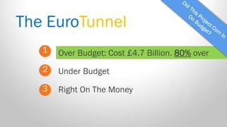 The EuroTunnel 
1 
2 
3 
Over Budget: Cost £4.7 Billion. 80% over 
Right On The Money 
Under Budget  