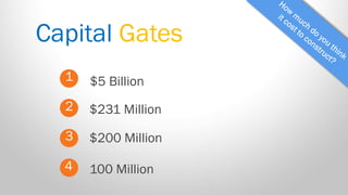 Capital Gates 
1 
2 
3 
4 
$5 Billion 
100 Million 
$200 Million 
$231 Million  
