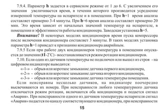 7.9.4. Ïàðàìåòð h çàäàåòñÿ â ñåðâèñíîì ðåæèìå îò 1 äî 6. Ñ óâåëè÷åíèåì åãî
çíà÷åíèÿ óâåëè÷èâàåòñÿ âðåìÿ, â òå÷åíèè êîòîðîãî ïðîèçâîäèòñÿ óñðåäíåíèå
èçìåðåííîé òåìïåðàòóðû íà èñïàðèòåëå è â ïîìåùåíèè. Ïðè h=1 âðåìÿ àíàëèçà
ñîñòàâëÿåò ïðèìåðíî 3-4 ìèíóòû. Ïðè h=6 âðåìÿ àíàëèçà ñîñòàâëÿåò ïðèìåðíî 20
ìèí. Ýòî âðåìÿ çàâèñèò îò íà÷àëüíûõ çíà÷åíèé òåìïåðàòóð íà èñïàðèòåëå, â
ïîìåùåíèè è ýôôåêòèâíîñòè ðàáîòû êîíäèöèîíåðà. Çàâîäñêàÿ óñòàíîâêà h=5.
   Âíèìàíèå! Â íåêîòîðûõ ìîäåëÿõ êîíäèöèîíåðîâ âðåìÿ ïóñêà êîìïðåññîðà
ïîñëå âêëþ÷åíèÿ êîíäèöèîíåðà ñîñòàâëÿåò 3 ìèíóòû. Â òàêèõ ìîäåëÿõ óñòàíîâêà
ïàðàìåòðà h=1 ïðèâåäåò ê ïðèçíàíèþ êîíäèöèîíåðà àâàðèéíûì.
   7.9.5 Åñëè ïðè ðàáîòå äâóõ êîíäèöèîíåðîâ òåìïåðàòóðà â ïîìåùåíèè îïóñêà-
åòñÿ äî çíà÷åíèÿ (t1-2îÑ) - âîññòàíàâëèâàåòñÿ ðåæèì ðîòàöèè êîíäèöèîíåðîâ.
   7.10. Åñëè îäèí èç äàò÷èêîâ òåìïåðàòóðû íå ïîäêëþ÷åí èëè âûøåë èç ñòðîÿ - íà
öèôðîâîì èíäèêàòîðå âûâîäèòñÿ:
      «-1-» - îáðûâ èëè êîðîòêîå çàìûêàíèå äàò÷èêà ïåðâîãî êîíäèöèîíåðà,
      «-2-» - îáðûâ èëè êîðîòêîå çàìûêàíèå äàò÷èêà âòîðîãî êîíäèöèîíåðà,
      «-3-» - îáðûâ èëè êîðîòêîå çàìûêàíèå äàò÷èêà òåìïåðàòóðû ïîìåùåíèÿ.
   Åñëè íåèñïðàâíû íåñêîëüêî äàò÷èêîâ, íà èíäèêàòîðå ïîî÷åðåäíî
âûñâå÷èâàþòñÿ èõ íîìåðà. Ïðè íåèñïðàâíîñòè ëþáîãî òåìïåðàòóðíîãî äàò÷èêà
îòêëþ÷àåòñÿ ðåæèì ðîòàöèè, âêëþ÷àþòñÿ îáà êîíäèöèîíåðà è ïîäàåòñÿ ñèãíàë
«Àâàðèÿ». Ïðè íåèñïðàâíîñòè îäíîãî èç äàò÷èêîâ òåìïåðàòóðû èñïàðèòåëÿ ñèãíàë
«Àâàðèÿ» ïîäàåòñÿ ïî êàíàëó ñîîòâåòñòâóþùåãî êîíäèöèîíåðà, ïðè íåèñïðàâíîñòè
                                    15
 