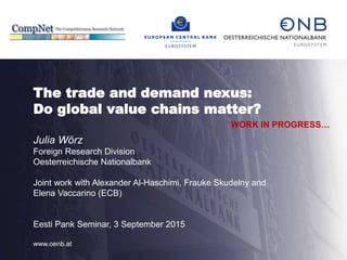 The trade and demand nexus:
Do global value chains matter?
Julia Wörz
Foreign Research Division
Oesterreichische Nationalbank
Joint work with Alexander Al-Haschimi, Frauke Skudelny and
Elena Vaccarino (ECB)
Eesti Pank Seminar, 3 September 2015
www.oenb.at
WORK IN PROGRESS…
 