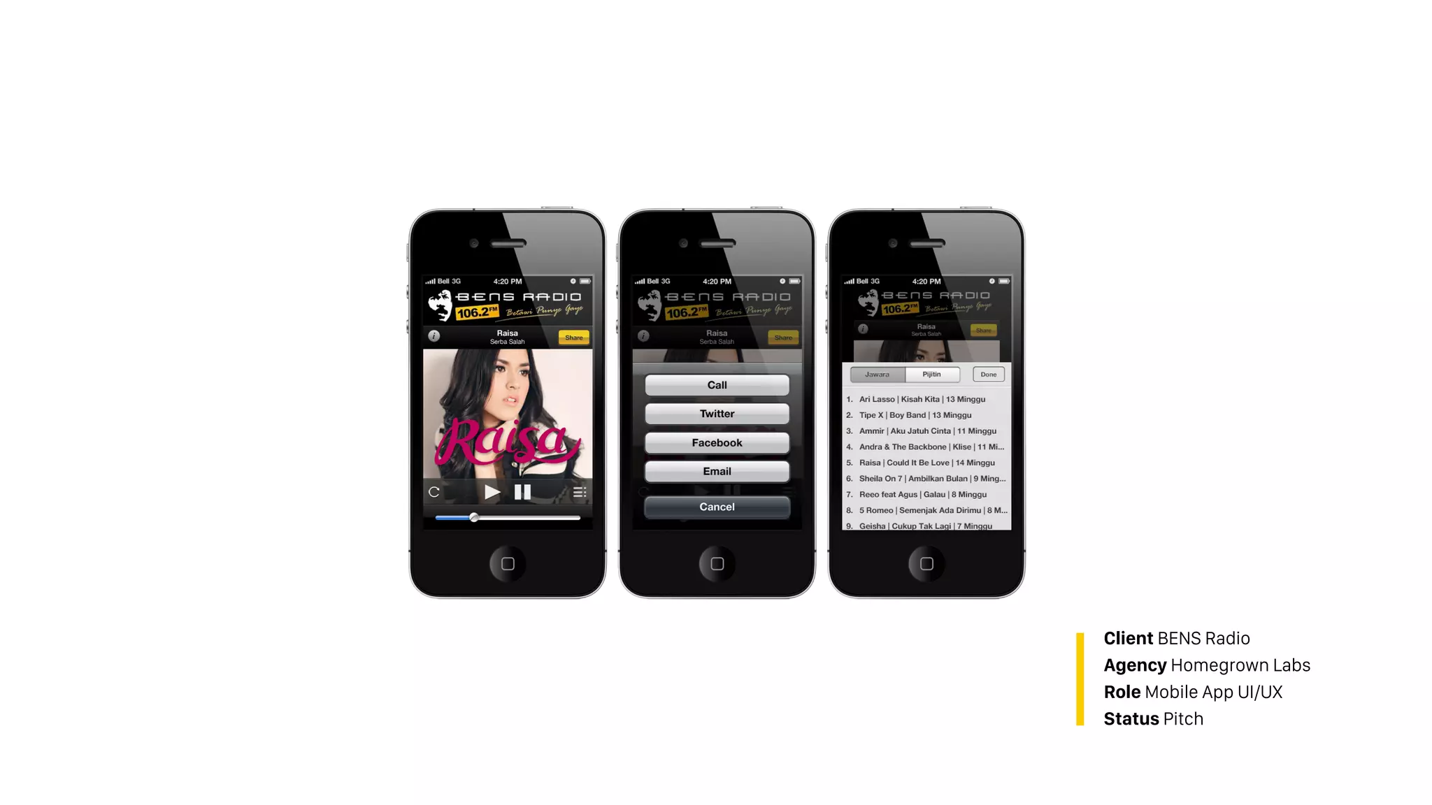 Client BENS Radio
Agency Homegrown Labs
Role Mobile App UI/UX
Status Pitch
 