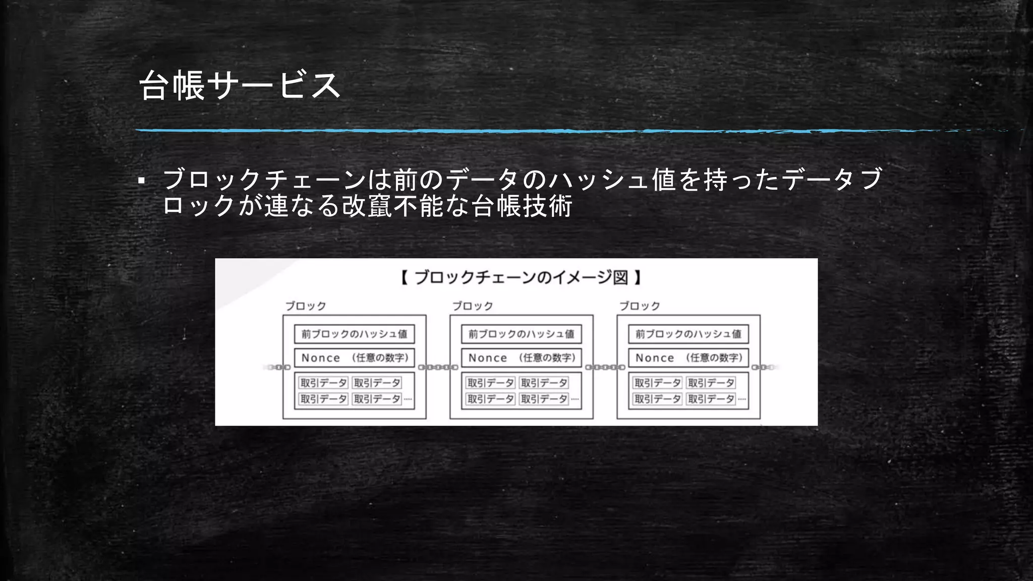 台帳サービス
▪ ブロックチェーンは前のデータのハッシュ値を持ったデータブ
ロックが連なる改竄不能な台帳技術
 