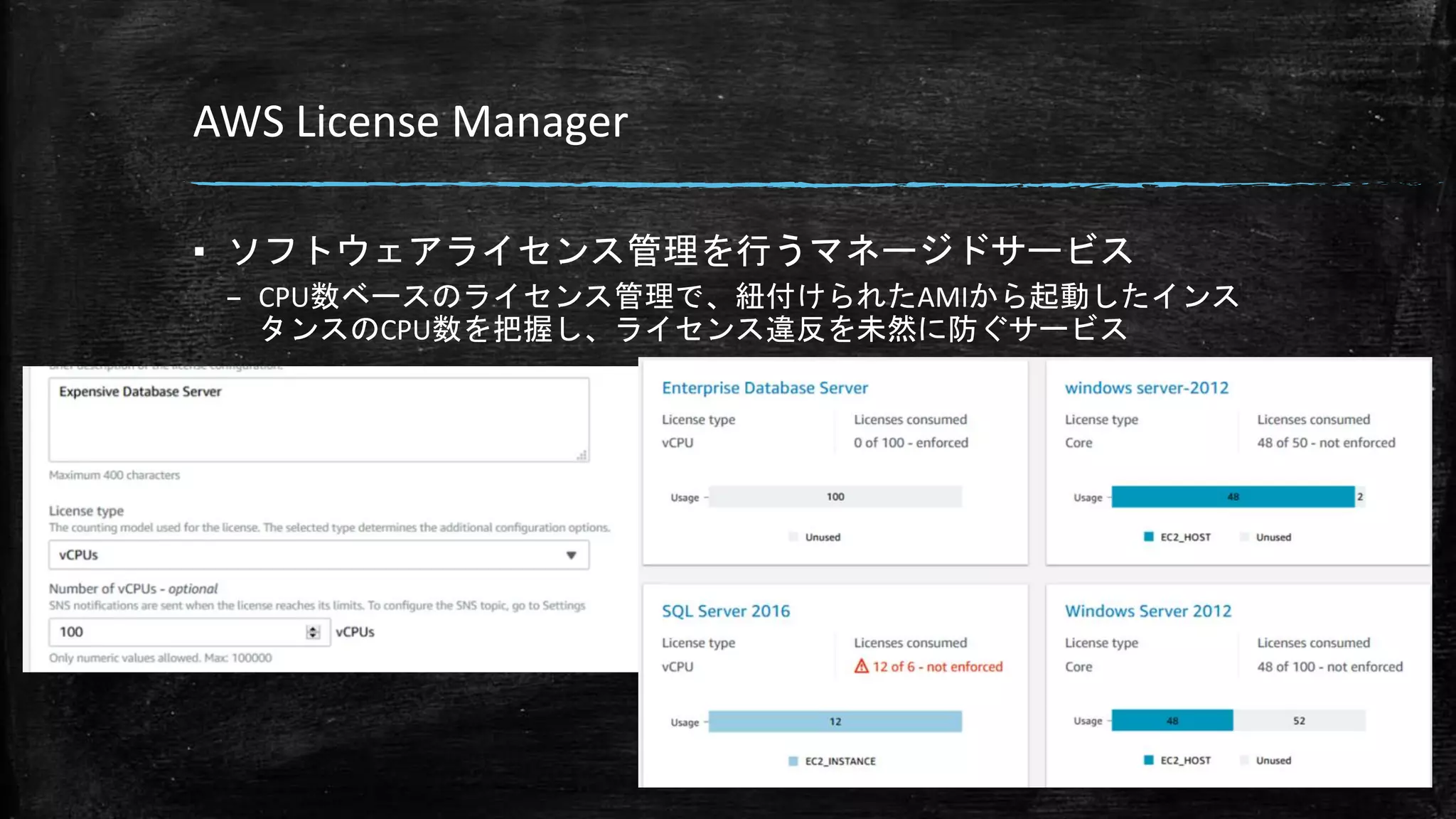 AWS License Manager
▪ ソフトウェアライセンス管理を行うマネージドサービス
– CPU数ベースのライセンス管理で、紐付けられたAMIから起動したインス
タンスのCPU数を把握し、ライセンス違反を未然に防ぐサービス
 