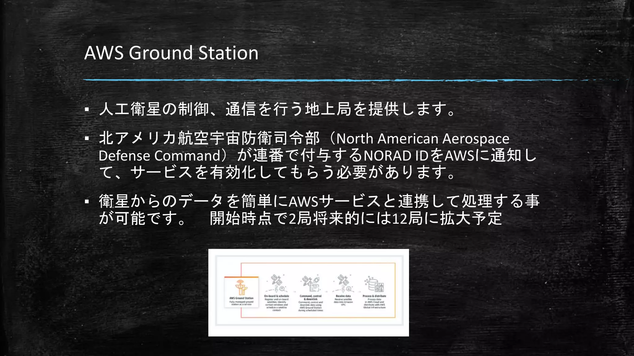 AWS Ground Station
▪ 人工衛星の制御、通信を行う地上局を提供します。
▪ 北アメリカ航空宇宙防衛司令部（North American Aerospace
Defense Command）が連番で付与するNORAD IDをAWSに通知し
て、サービスを有効化してもらう必要があります。
▪ 衛星からのデータを簡単にAWSサービスと連携して処理する事
が可能です。 開始時点で2局将来的には12局に拡大予定
 