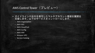 AWS Control Tower（プレビュー）
▪ ガイドラインや法令を遵守したマルチアカウント環境を展開を
支援します。以下のサービスをコントロールします。
– AWS Organization
– AWS SSO
– AWS CloudTrail
– AWS Config
– AWS IAM
– Amazon VPC
– Service Catalog
 