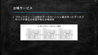 台帳サービス
▪ ブロックチェーンは前のデータのハッシュ値を持ったデータブ
ロックが連なる改竄不能な台帳技術
 