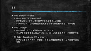 S3
▪ AWS Transfer for SFTP
– 完全マネージドなSFTPサーバ
– SFTPなNASヘッドとしてS3にアクセスすることが可能
– レガシーなアプリが接続先を変更するだけでS3を利用することが可能
▪ AWS DataSync
– NFSサーバにアクセス可能なS3エージェント
– ジョブを設定することによりNFS→S3、S3→NFSの間でのデータ同期が可能
▪ S3 Batch Operations（プレビュー）
– オブジェクトのメタデータ変更、アクセス権変更などをバッチ処理で実施
可能
 
