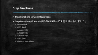Step Functions
▪ Step Functions service integrations
▪ Step FunctionsがLambda以外のAWSサービスをサポートしました。
– DynamoDB
– AWS Batch
– Amazon ECS
– Amazon SNS
– Amazon SQS
– AWS Glue
– Amazon Sage Maker
 