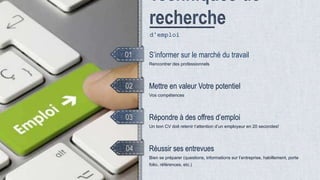 d’emploi
01
02
03
04
S’informer sur le marché du travail
Rencontrer des professionnels
Mettre en valeur Votre potentiel
Vos compétences
Répondre à des offres d’emploi
Un bon CV doit retenir l’attention d’un employeur en 20 secondes!
Réussir ses entrevues
Bien se préparer (questions, informations sur l’entreprise, habillement, porte
folio, références, etc.)
 
