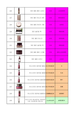 126 와인 필링 젤리 소프너 红酒 去角质啫哩
127 와인 젤리 마스크 세트 红酒 啫哩面膜套
128 와인 필링 마사지 크림 红酒 按摩霜
129 와인 슬리핑 팩 红酒 睡眠面膜
130 와인 젤리 마스크 红酒 啫哩面膜
131 와인 젤리 슬리핑 팩 红酒 睡眠面膜
132 와인 필링 젤리 스크럽 红酒 磨砂去角质啫哩
133 와인 필링 소프너 红酒 去角质
134 이니스프리 3년숙성 발효스킨三年熟成发酵 水
135 이니스프리 3년숙성 발효로션三年熟成发酵 乳液
136 이니스프리 3년숙성 발효100에센스三年熟成发酵 精华
137 이니스프리 3년숙성 발효크림三年熟成发酵 面霜
138 이니스프리 3년숙성 발효마사지에센스三年熟成发酵 按摩精华
139
이니스프리 에코내추럴 커버비비
크림 1호(화사한 베이지)
Eco有机自然 遮瑕BB霜1#
 