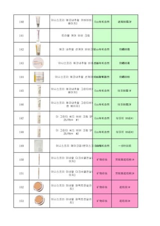 140
이니스프리 에코내추럴 커버비비크림 2호(차분한
베이지)
Eco有机自然 遮瑕BB霜2#
141 트러블 케어 비비 크림
142 에코 내추럴 선케어 비비크림Eco有机自然 防晒BB霜
143 이니스프리 에코내추럴 비비선밤Eco有机自然 防晒BB膏
144 이니스프리 에코내추럴 선케어비비파우더Eco有机自然 防晒BB粉
145
이니스프리 에코내추럴 그린티비비크림 1호(밝은
베이지)
Eco有机自然 绿茶BB霜1#
146
이니스프리 에코내추럴 그린티비비크림 2호(차분
한 베이지)
Eco有机自然 绿茶BB霜2#
147
더 그린티 씨드 비비 크림 SPF
25/PA++ #1
Eco有机自然 绿茶籽 BB霜#1
148
더 그린티 씨드 비비 크림 SPF
25/PA++ #2
Eco有机自然 绿茶籽 BB霜#2
149 이니스프리 메이크업1분마스크 3매입Eco有机自然 一分钟面膜
150
이니스프리 미네랄 다크서클컨실러 1호(라이트베
이지)
矿物彩妆 黑眼圈遮瑕棒1#
151
이니스프리 미네랄 다크서클컨실러 2호(네추럴베
이지)
矿物彩妆 黑眼圈遮瑕棒2#
152
이니스프리 미네랄 퍼펙트컨실러 1호(라이트베이
지)
矿物彩妆 遮瑕膏1#
153
이니스프리 미네랄 퍼펙트컨실러 2호(네추럴베이
지)
矿物彩妆 遮瑕膏2#
 