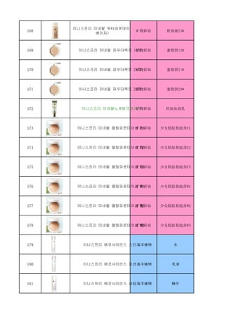 168
이니스프리 미네랄 워터파운데이션 23호(트루
베이지)
矿物彩妆 粉底液23#
169 이니스프리 미네랄 파우더팩트 13호矿物彩妆 蜜粉饼13#
170 이니스프리 미네랄 파우더팩트 21호矿物彩妆 蜜粉饼21#
171 이니스프리 미네랄 파우더팩트 23호矿物彩妆 蜜粉饼23#
172 이니스프리 미네랄노세범프라이머矿物彩妆 控油妆前乳
173 이니스프리 미네랄 멜팅파운데이선 C1矿物彩妆 少女肌肤粉底膏C1
174 이니스프리 미네랄 멜팅파운데이선 C2矿物彩妆 少女肌肤粉底膏C2
175 이니스프리 미네랄 멜팅파운데이선 C3矿物彩妆 少女肌肤粉底膏C3
176 이니스프리 미네랄 멜팅파운데이선 W1矿物彩妆 少女肌肤粉底膏W1
177 이니스프리 미네랄 멜팅파운데이선 W2矿物彩妆 少女肌肤粉底膏W2
178 이니스프리 미네랄 멜팅파운데이선 W3矿物彩妆 少女肌肤粉底膏W3
179 이니스프리 에코사이언스 스킨海洋植物 水
180 이니스프리 에코사이언스 로션海洋植物 乳液
181 이니스프리 에코사이언스 세럼海洋植物 精华
 