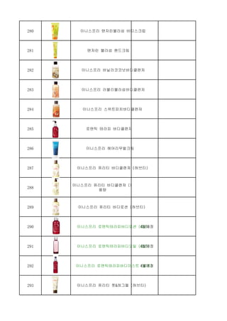 280 이니스프리 탠저린블라섬 바디스크럽
281 탠저린 블라섬 핸드크림
282 이니스프리 바닐라코코넛바디클렌저
283 이니스프리 러블리블라섬바디클렌저
284 이니스프리 스위트피치바디클렌저
285 로맨틱 테라피 바디클렌저
286 이니스프리 헤어리무벌크림
287 이니스프리 퓨리티 바디클렌져 (허브티)
288
이니스프리 퓨리티 바디클렌져 (허브티) - 대
용량
289 이니스프리 퓨리티 바디로션 (허브티)
290 이니스프리 로맨틱테라피바디로션 (로즈)4월예정
291 이니스프리 로맨틱테라피바디오일 (로즈)4월예정
292 이니스프리 로맨틱테라피바디미스트 (로즈)4월예정
293 이니스프리 퓨리티 풋&레그젤 (허브티)
 