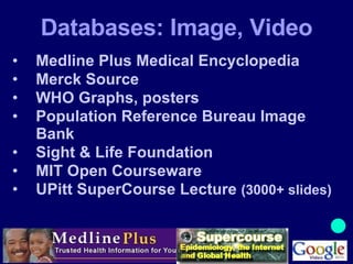 Databases: Image, Video Medline Plus Medical Encyclopedia Merck Source WHO Graphs, posters Population Reference Bureau Image Bank Sight & Life Foundation MIT Open Courseware UPitt SuperCourse Lecture  (3000+ slides) 