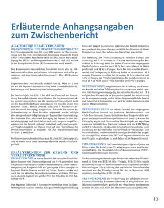 13
Erläuternde Anhangsangaben
zum Zwischenbericht
Allgemeine Erläuterungen
Bilanzierungs- und Bewertungsgrundsätze
Der Zwischenbericht zum 30. Juni 2012 wurde in Übereinstim-
mung mit den vom International Accounting Standards Board
(IASB) formulierten Standards (IFRS und IAS), unter Berücksich-
tigung des IAS 34, und Interpretationen (IFRIC und SIC), wie sie
in der Europäischen Union (EU) anzuwenden sind, erstellt.
Der Konzernzwischenabschluss beinhaltet nicht alle im Jah-
reskonzernabschluss enthaltenen Informationen und sollte ge-
meinsam mit dem Konzernabschluss zum 31. März 2012 gelesen
werden.
Gegenüber dem Geschäftsjahr endend zum 31. März 2012 sind
bis auf die Segmentberichterstattung keine Unterschiede der Bi-
lanzierungs- und Bewertungsmethoden gegeben.
Im Geschäftsjahr 2011/2012 hat sich der Vorstand mit Zustim-
mung des Aufsichtsrates entschlossen, die Organisationsstruk-
tur weiter zu entwickeln, um die operativen Prozesse noch mehr
an die Kundenbedürfnisse anzupassen. Es wurden daher drei
Business Units – Mobile Devices, Industrial & Automotive, so-
wie Advanced Packaging, eingerichtet. Da auch die interne Be-
richterstattung an diese Struktur angepasst wurde, erfolgte
eine entsprechende Adaptierung der Segmentberichterstattung.
Die Business Unit Advanced Packaging ist derzeit in der Ent-
wicklungsphase und wird daher noch nicht separat angeführt,
sondern ist im Bereich „others“ inkludiert. Aufgrund mangeln-
der Vergleichbarkeit der Daten wird auf eine Darstellung des
Betriebsergebnisses je Segment für den Vergleichszeitraum
2011/2012 verzichtet.
Der Konzernzwischenabschluss zum 30. Juni 2012 ist ungeprüft,
und es wurde auch keine externe prüferische Durchsicht durch-
geführt.
Erläuterungen zur Gewinn- und
Verlustrechnung
Umsatzerlöse Im ersten Quartal des aktuellen Geschäfts-
jahres konnte eine Umsatzsteigerung von 14 % gegenüber dem
Vergleichszeitraum des Vorjahres erzielt werden. Diese Umsatz-
steigerung ist hauptsächlich auf gestiegene Absatzmengen im
Segment Mobile Devices zurück zu führen. Positiv wirkte sich
auch der im aktuellen Betrachtungszeitraum stärkere USD aus,
da in diesem Segment ein großer Teil der Umsätze in USD fak-
turiert wird.
Das Segment Industrial & Automotive erreichte einen im Quar-
talsvergleich stabilen Umsatz. Eine gute Nachfrageentwicklung
hatte der Bereich Automotive, während der Bereich Industrial
entsprechend der generellen wirtschaftlichen Situation in dieser
Branche von einer eher schwachen Nachfrage geprägt ist.
Die Verteilung der Produktionsmengen zwischen Europa und
Asien zeigt mit 73 % in Asien zu 27 % eine Verschiebung der Pro-
duktion in Richtung Asien (im ersten Quartal des vergangenen
Geschäftsjahres wurden noch 66 % der Leiterplatten in Asien
produziert und 34 % in Europa). Auch bei den erzielten Umsät-
zen ist eine Verlagerung in Richtung Asien zu verzeichnen. 45 %
unseres Umsatzes erzielten wir in Asien, 11 % in Amerika und
44 % in Europa. Im Vergleichszeitraum des Vorjahres waren es
noch 26 % in Asien und 17 % in Amerika und 57 % in Europa.
Bruttogewinn Ausgehend von der Erhöhung des Umsat-
zes konnte auch eine Erhöhung des Bruttogewinnes erzielt wer-
den. Die Bruttogewinnmarge lag im aktuellen Quartal mit 12 %
auf gleichem Niveau wie im Vergleichsquartal. Bei Betrachtung
der Bruttogewinnmarge in den beiden Segmenten Mobile Device
und Industrial & Automotive zeigt sich in beiden Segmenten eine
stabile Margensituation.
Betriebsergebnis Im ersten Quartal des vergangenen
Geschäftsjahres konnte ein positives Betriebsergebnis von
4 % in Relation zum Umsatz erzielt werden. Hauptsächlich auf-
grund von negativen Währungseffekten und Start-Up Kosten für
Chongqing ergab sich im aktuellen Geschäftsjahr ein negatives
sonstiges betriebliches Ergebnis, sodass sich die EBIT Marge
auf 2,9 % reduzierte. Im aktuellen Geschäftsjahr wurde eine neue
Zuordnung der Kostenstellen in den Bereichen Verwaltungs- und
Vertriebskosten, sowie im Bereich sonstiges betriebliches Ergeb-
nis durchgeführt, sodass das EBIT auf Segmentebene nicht mit
dem Vorjahr vergleichbar ist und daher nicht dargestellt wird.
Finanzergebnis Die Finanzierungserträge resultieren aus
Zinserträgen für kurzfristige Veranlagungen, sowie aus Bewer-
tungseffekten, die hauptsächlich auf konzerninternen USD Fi-
nanzierungsforderungen basieren.
Die Finanzierungsaufwendungen beinhalten neben dem Zinsauf-
wand in Höhe von EUR 3,6 Mio. (Vorjahr: EUR 2,3 Mio.) nicht
realisierte Erträge aus Wechselkursentwicklungen von Konzern-
finanzierungen. Die Erhöhung des realisierten Zinsaufwandes
resultiert aus der Zinsabgrenzung für die im November 2011
emittierte Anleihe über EUR 100 Mio.
Ertragsteuern Die Veränderung des effektiven Steuer-
satzes auf Basis des Konzernergebnisses im Vergleich zum Vor-
jahreszeitraum resultiert großteils aus dem Ansatz von latenten
Steuern in China auf Basis des aktuellen Quartalsergebnisses.
 