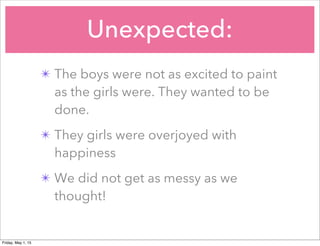 Unexpected:
✴ The boys were not as excited to paint
as the girls were. They wanted to be
done.
✴ They girls were overjoyed with
happiness
✴ We did not get as messy as we
thought!
Friday, May 1, 15
 