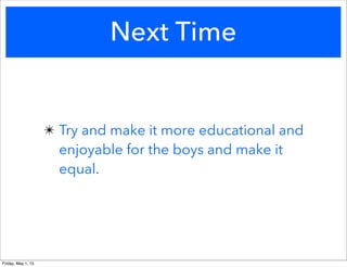 Next Time
✴ Try and make it more educational and
enjoyable for the boys and make it
equal.
Friday, May 1, 15
 