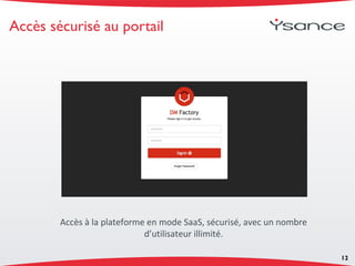 Accès sécurisé au portail
Accès à la plateforme en mode SaaS, sécurisé, avec un nombre
d’utilisateur illimité.
12
 