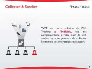 YWT est notre solution de Web
Tracking à l’individu, elle est
complémentaire à votre outil de web
analyse et nous permets de collecter
l’ensemble des interactions utilisateurs.
8
Collecter & Stocker
 