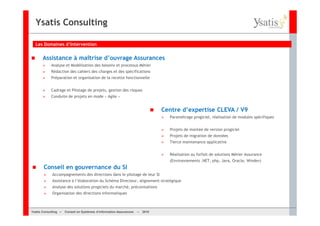 Ysatis Consulting

  Les Domaines d’Intervention


       Assistance à maîtrise d’ouvrage Assurances
            Analyse et Modélisation des besoins et processus Métier
            Rédaction des cahiers des charges et des spécifications
            Préparation et organisation de la recette fonctionnelle


            Cadrage et Pilotage de projets, gestion des risques
            Conduite de projets en mode « Agile »


                                                                               Centre d’expertise CLEVA / V9
                                                                                 Paramétrage progiciel, réalisation de modules spécifiques


                                                                                 Projets de montée de version progiciel
                                                                                 Projets de migration de données
                                                                                 Tierce maintenance applicative


                                                                                 Réalisation au forfait de solutions Métier Assurance
                                                                                 (Environnements .NET, php, Java, Oracle, Windev)
       Conseil en gouvernance du SI
             Accompagnements des directions dans le pilotage de leur SI
             Assistance à l’élaboration du Schéma Directeur, alignement stratégique
             Analyse des solutions progiciels du marché, préconisations
             Organisation des directions informatiques



Ysatis Conseil – – Conseil Systèmes d’information Assurances –
       Consulting Conseil en en Systèmes d’information Assurances   – 2010
                                                                    Mai 2008
 