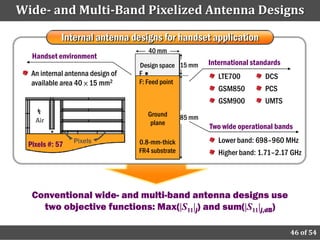 Wide­ and Multi­Band Pixelized Antenna Designs

            Internal antenna designs for handset application
                                     40 mm
  Handset environment
                                  Design space 15 mm      International standards
  An internal antenna design of   F                          LTE700         DCS
  available area 40 × 15 mm2      F: Feed point
                                                             GSM850         PCS
                                                             GSM900         UMTS
                                     Ground       85 mm
   Air                                plane
                                                          Two wide operational bands
                Pixels            0.8-mm-thick               Lower band: 698–960 MHz
 Pixels #: 57
                                  FR4 substrate              Higher band: 1.71–2.17 GHz




  Conventional wide- and multi-band antenna designs use
    two objective functions: Max(|S11|j) and sum(|S11|j,dB)

                                                                                    46 of 54
 