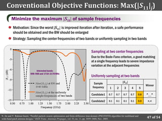 Conventional Objective Functions: Max(|S11|j)
         Minimize the maximum |S11| of sample frequencies
           Motivation: Since the worst |S11| is improved iteration after iteration, a safe performance
           should be obtained and the BW should be enlarged
           Strategy: Sampling the center frequencies of two bands or uniformly sampling in two bands


                                                                                          Sampling at two center frequencies
                                                                                          Due to the Bode-Fano criterion, a good matching
                                                                                          at a single frequency leads to severe impedance
                                                                                          variation at the adjacent frequencies
                                  Interested bands:
                             698–960 and 1710–2170 MHz
                                                                                          Uniformly sampling at two bands
                                                                                            Sample                        |S11|
                                                                                                                                                 Winner
                                                                                           frequency         1      2      3       4         5

                                                                                          Candidate1        0.7    0.7    0.7     0.7    0.8     ^__^

                                                                                          Candidate2        0.1    0.1     0.1    0.1    0.9      >.<



N. Jin and Y. Rahmat-Samii, “Parallel particle swarm optimization and finite-difference time-domain (PSO/FDTD) algorithm for multiband and
wide-band patch antenna designs,” IEEE Trans. Antennas Propagat., vol. 53, no. 11, pp. 3459–3468, Nov. 2005.
                                                                                                                                                 47 of 54
 