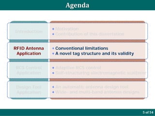 Agenda


               Motivation
Introduction
               Contribution of this dissertation


RFID Antenna   Conventional limitations
 Application   A novel tag structure and its validity


RCS Control    Adaptive RCS control
Application    Self-structuring electromagnetic scatterer


Design Tool    An automatic antenna design tool
Application    Wide- and multi-band antenna designs



                                                        5 of 54
 