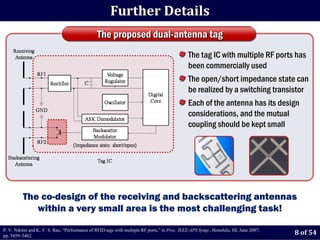 Further Details
                                                The proposed dual-antenna tag
                                                                                               The tag IC with multiple RF ports has
                                                                                               been commercially used
                                                                                               The open/short impedance state can
                                                                                               be realized by a switching transistor
                                                                                               Each of the antenna has its design
                                                                                               considerations, and the mutual
                                                                                               coupling should be kept small




          The co-design of the receiving and backscattering antennas
             within a very small area is the most challenging task!

P. V. Nikitin and K. V. S. Rao, “Performance of RFID tags with multiple RF ports,” in Proc. IEEE-APS Symp., Honolulu, HI, June 2007,
pp. 5459–5462.
                                                                                                                                       8 of 54
 
