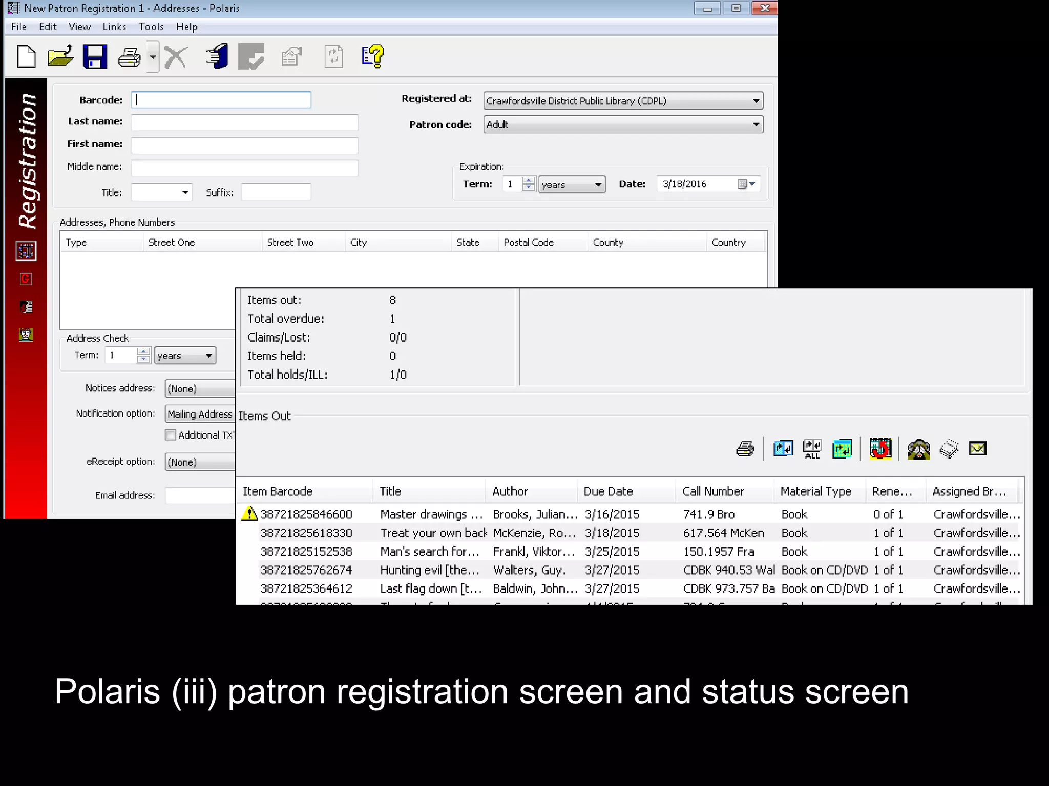 Polaris (iii) patron registration screen and status screen
 