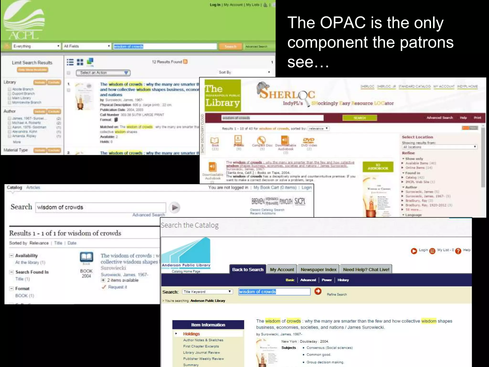 The OPAC is the only
component the patrons
see…
 