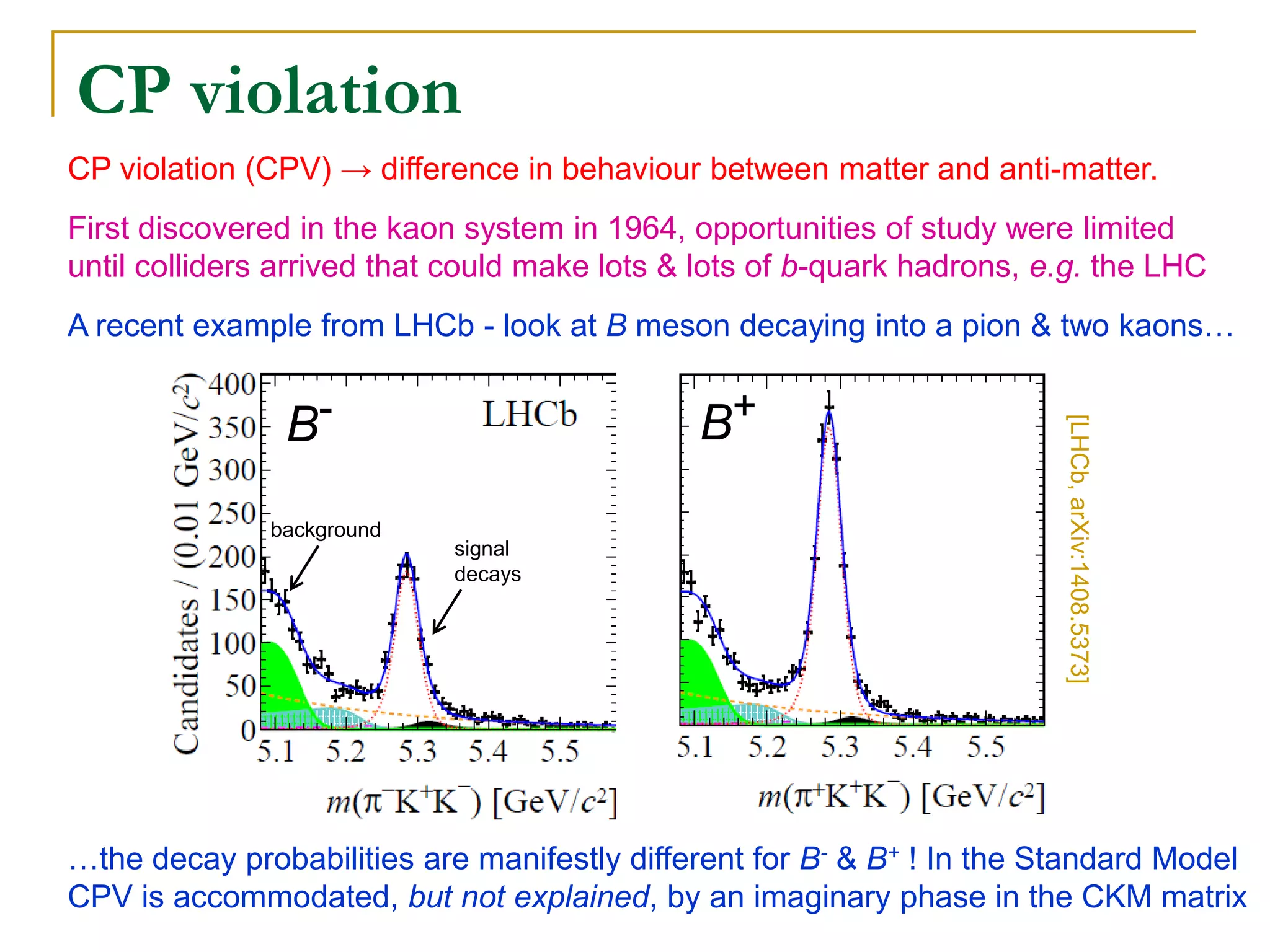 CP violation (CPV) → difference in behaviour between matter and anti-matter. First discovered in the kaon system in 1964, opportunities of study were limited until colliders arrived that could make lots & lots of b-quark hadrons, e.g. the LHC A recent example from LHCb - look at B meson decaying into a pion & two kaons… …the decay probabilities are manifestly different for B- & B+ ! In the Standard Model CPV is accommodated, but not explained, by an imaginary phase in the CKM matrix 
CP violation 
B- 
B+ 
signal 
decays 
background 
[LHCb, arXiv:1408.5373]  