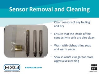 Sensor Removal and Cleaning
• Clean sensors of any fouling
and dry
• Ensure that the inside of the
conductivity cells are also clean
• Wash with dishwashing soap
and warm water
• Soak in white vinegar for more
aggressive cleaning

 