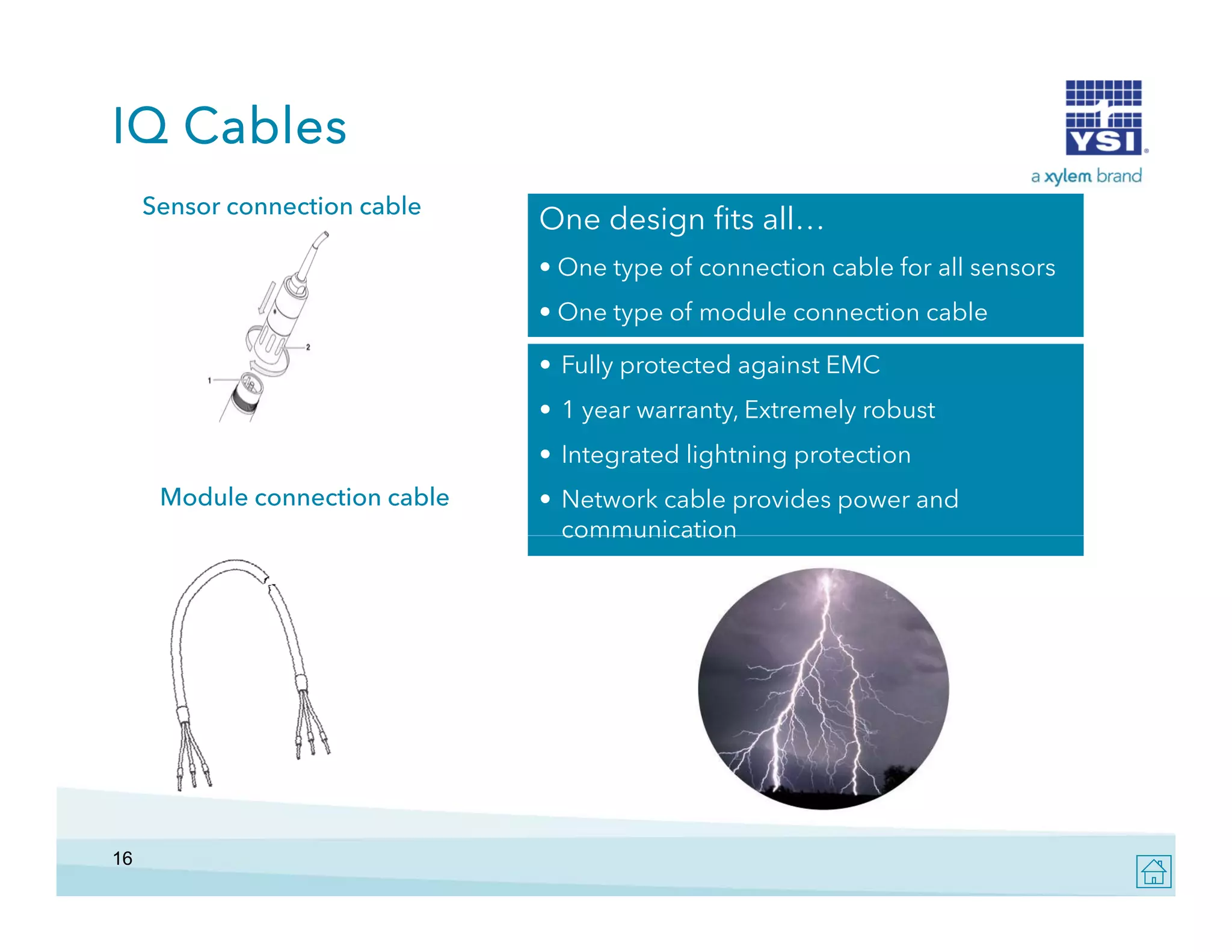 IQ Cables
Sensor connection cable

One design fits all…
• One type of connection cable for all sensors
• One type of module connection cable
• Fully protected against EMC
• 1 year warranty, Extremely robust
• Integrated lightning protection

Module connection cable

16

• Network cable provides power and
communication

 