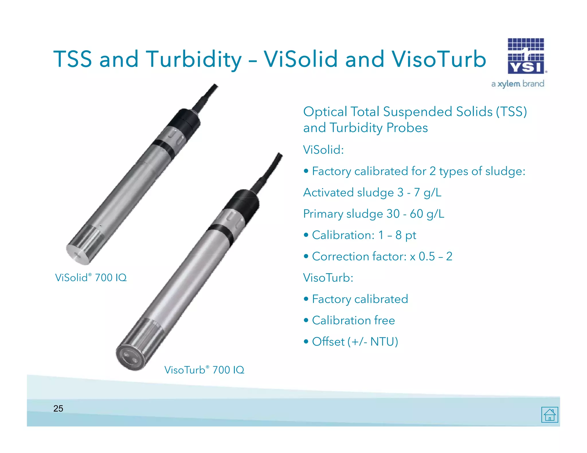 TSS and Turbidity – ViSolid and VisoTurb
Optical Total Suspended Solids (TSS)
and Turbidity Probes
ViSolid:
• Factory calibrated for 2 types of sludge:
g
g
Activated sludge 3 - 7 g/L
Primary sludge 30 - 60 g/L
• Calibration: 1 – 8 pt
• Correction factor: x 0 5 – 2
0.5
VisoTurb:

ViSolid® 700 IQ

• Factory calibrated
• Calibration free
• Offset (+/- NTU)
VisoTurb® 700 IQ

25

 