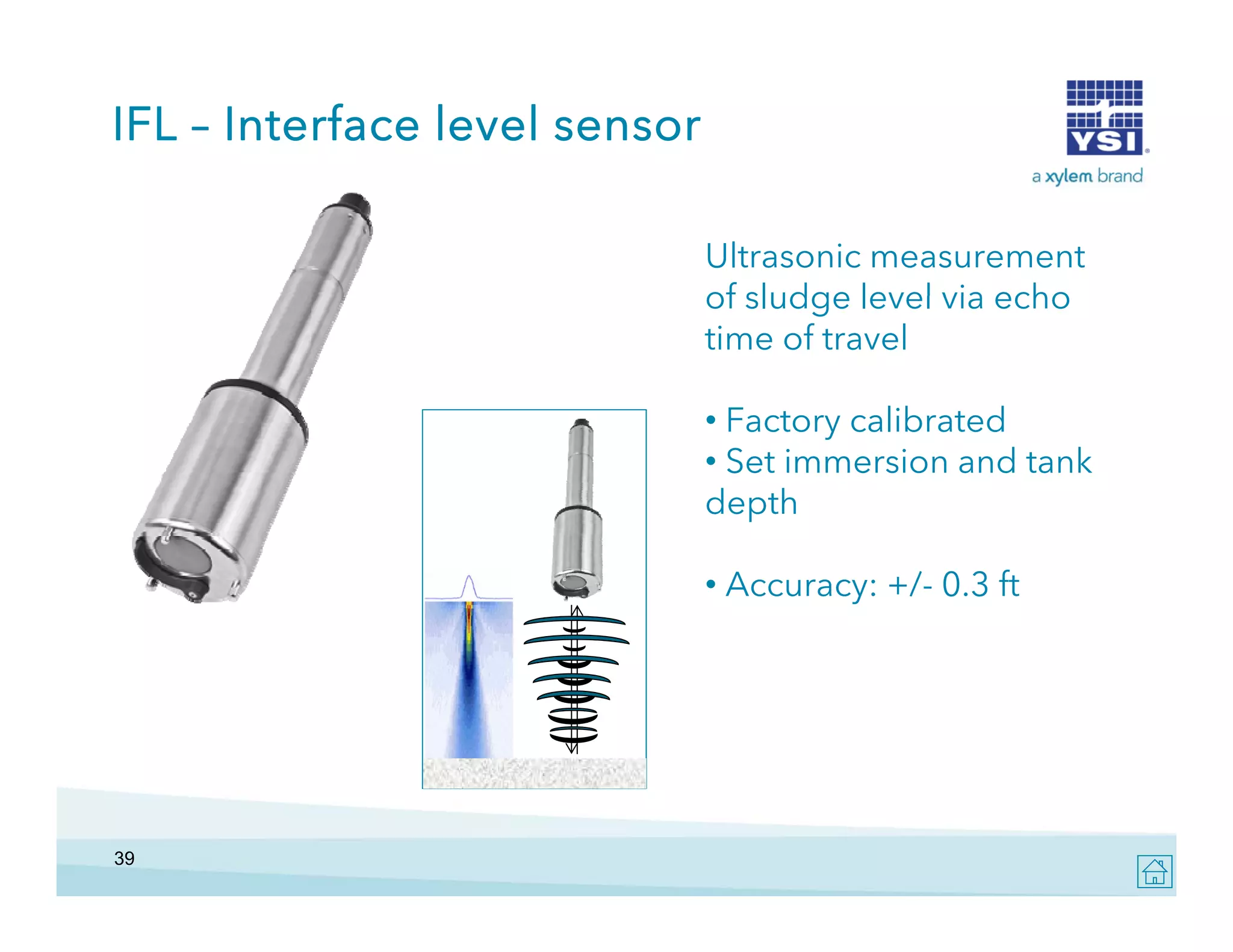 IFL – Interface level sensor
Ultrasonic measurement
of sludge level via echo
time of travel
• Factory calibrated
• Set immersion and tank
depth
• Accuracy: +/- 0.3 ft

39

 