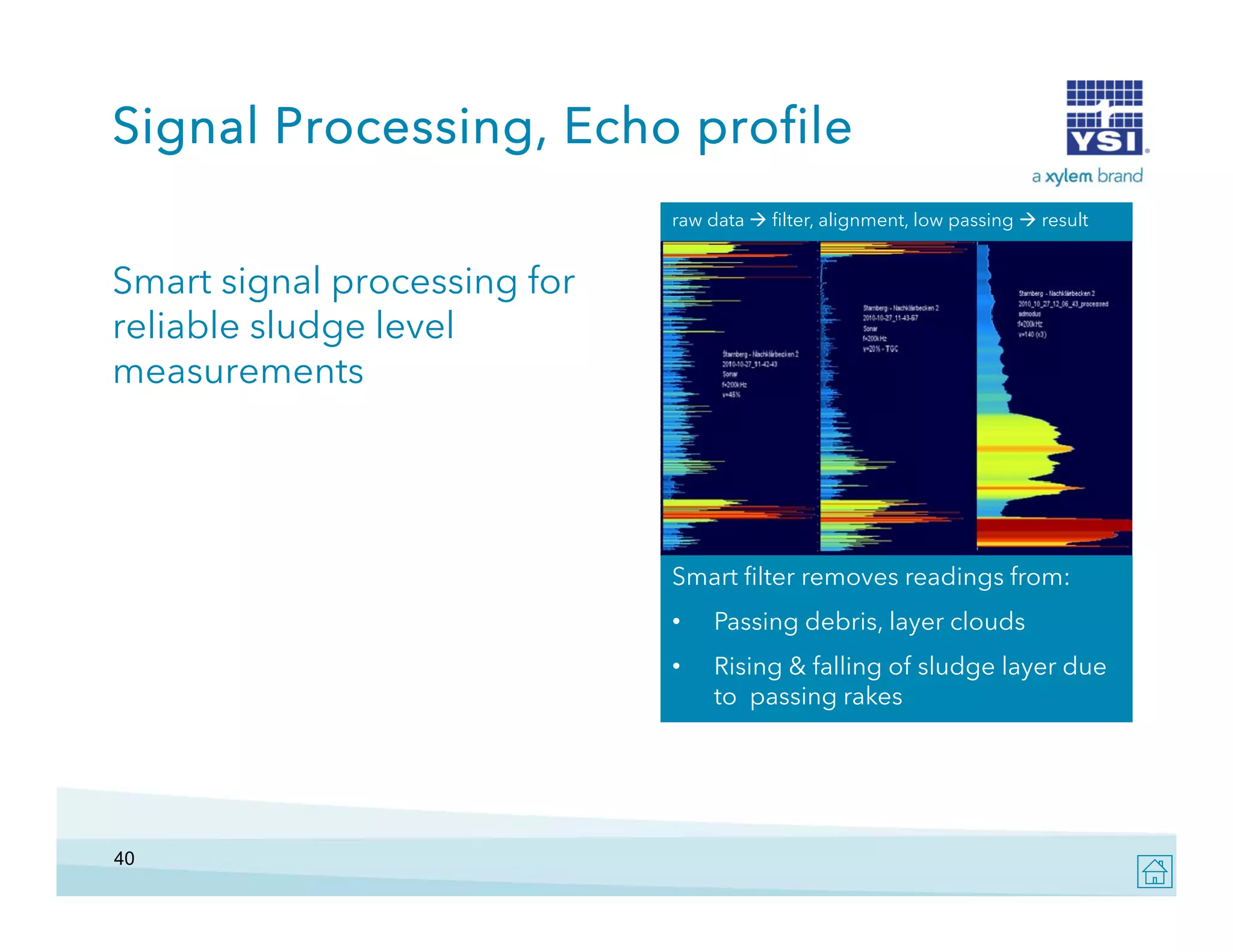 Signal Processing, Echo profile
raw data  filter, alignment, low passing  result

Smart signal processing for
g
p
g
reliable sludge level
measurements

Smart filter removes readings from:
•
•

40

Passing debris, layer clouds
Rising & f ll
falling of sludge l
f l d layer d
due
to passing rakes

 
