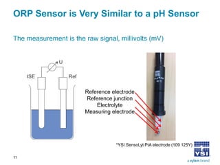 ORP Sensor is Very Similar to a pH Sensor 
The measurement is the raw signal, millivolts (mV) 
11 
Reference electrode 
Reference junction 
Electrolyte 
Measuring electrode 
*YSI SensoLyt PtA electrode (109 125Y)  
