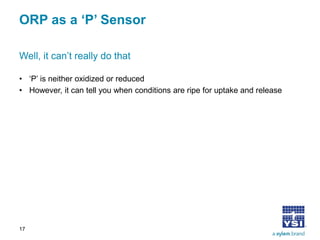 ORP as a ‘P’ Sensor 
• 
‘P’ is neither oxidized or reduced 
• 
However, it can tell you when conditions are ripe for uptake and release 
Well, it can’t really do that 
17 
 