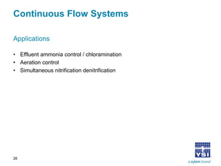 Continuous Flow Systems 
• 
Effluent ammonia control / chloramination 
• 
Aeration control 
• 
Simultaneous nitrification denitrification 
Applications 
26 
 