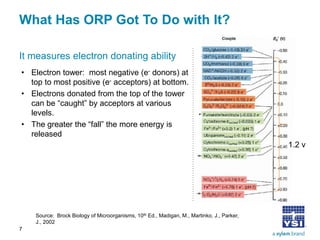 What Has ORP Got To Do with It? 
It measures electron donating ability 
• 
Electron tower: most negative (e- donors) at top to most positive (e- acceptors) at bottom. 
• 
Electrons donated from the top of the tower can be “caught” by acceptors at various levels. 
• 
The greater the “fall” the more energy is released 
7 
1.2 v 
Source: Brock Biology of Microorganisms, 10th Ed., Madigan, M., Martinko, J., Parker, J., 2002  