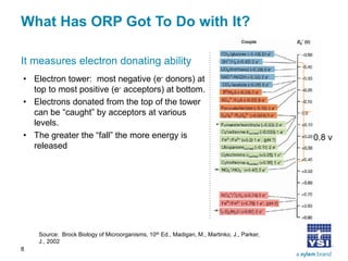 What Has ORP Got To Do with It? 
It measures electron donating ability 
• 
Electron tower: most negative (e- donors) at top to most positive (e- acceptors) at bottom. 
• 
Electrons donated from the top of the tower can be “caught” by acceptors at various levels. 
• 
The greater the “fall” the more energy is released 
8 
0.8 v 
Source: Brock Biology of Microorganisms, 10th Ed., Madigan, M., Martinko, J., Parker, J., 2002  
