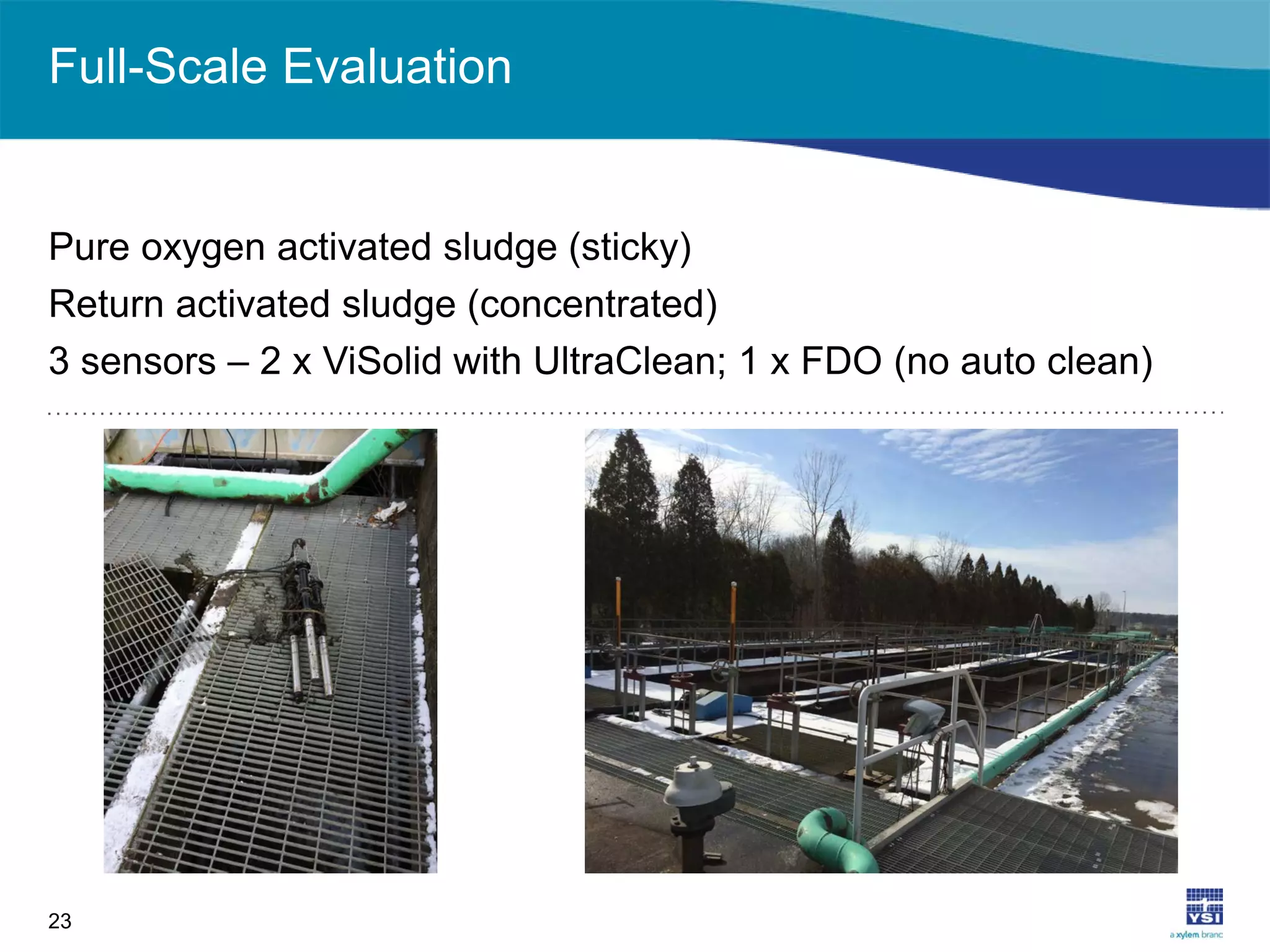 Full-Scale Evaluation
23
Pure oxygen activated sludge (sticky)
Return activated sludge (concentrated)
3 sensors – 2 x ViSolid with UltraClean; 1 x FDO (no auto clean)
 