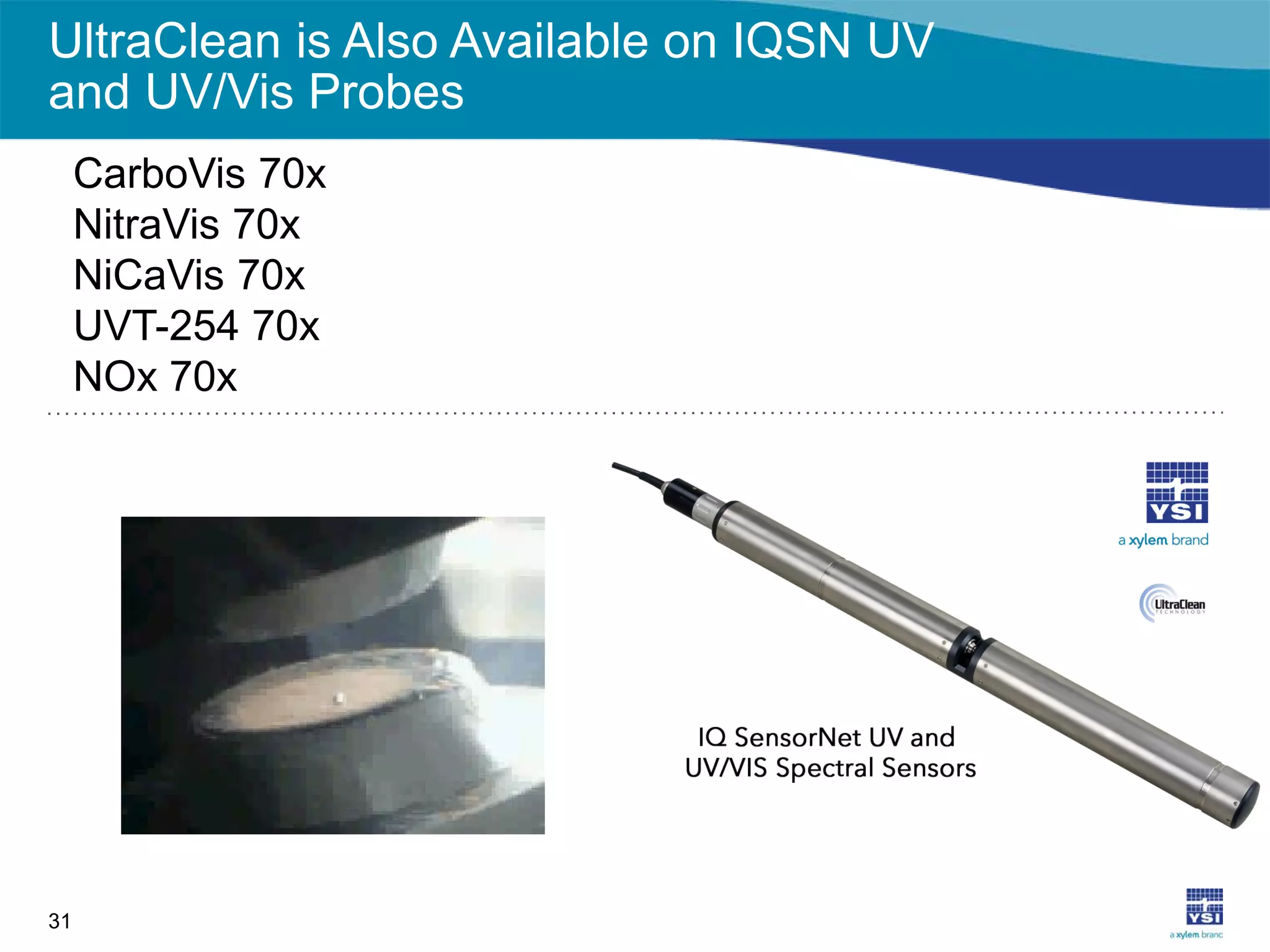 UltraClean is Also Available on IQSN UV
and UV/Vis Probes
31
CarboVis 70x
NitraVis 70x
NiCaVis 70x
UVT-254 70x
NOx 70x
 